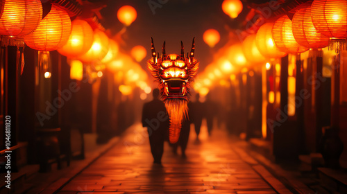 A vibrant street scene featuring traditional lanterns illuminating a festive atmosphere, with a dragon costume adding a sense of celebration and culture.