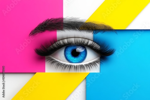 Woman's eye is painted in a rainbow of colors. eye is surrounded by a colorful strip of paper, giving the impression of a vibrant, lively scene. eye is focal point , drawing the viewer's attention photo