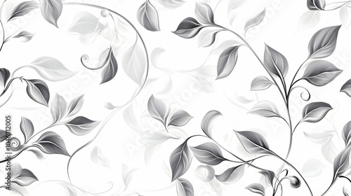 A decorative pattern featuring elegant gray leaves and vines on a white background. Black and white background images -