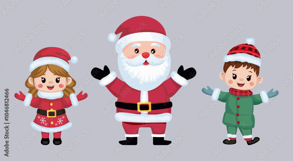 Santa Claus icon and kids in festive costume, Christmas characters on isolated background, festive icons, stickers Christmas cute figures. Vector illustration Santa Claus icon and kids in festive costume, Christmas characters on isolated background, festive icons, stickers Christmas cute figures. Vector illustration