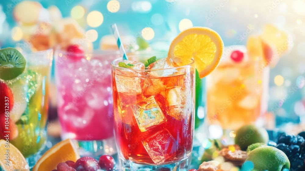Bright cocktails adorned with fresh fruit slices and snacks set a lively mood for special gatherings and celebrations. Generative AI Bright cocktails adorned with fresh fruit slices and snacks set a lively mood for special gatherings and celebrations. Generative AI