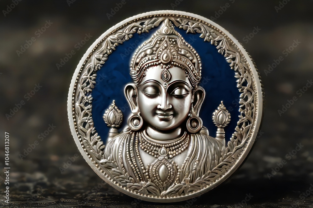 Obraz premium This silver coin showcases the figure of Lakshmi, symbolizing wealth and fortune in Indian culture