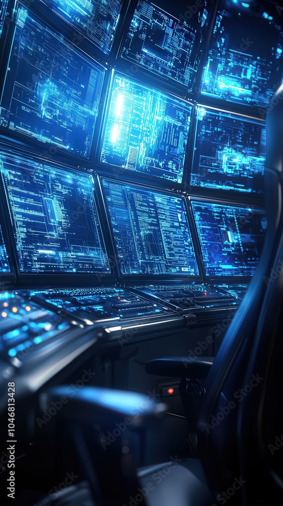 Futuristic Control Room with Multiple High-Tech Displays and Advanced Technology Interface Futuristic Control Room with Multiple High-Tech Displays and Advanced Technology Interface