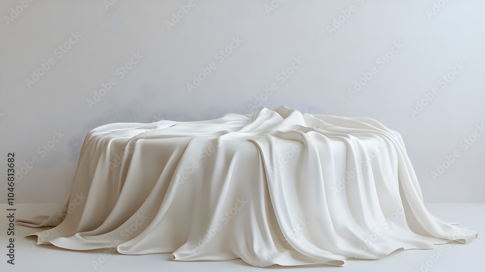 Podium covered with a piece of white silk drapery fabric, podium for product cosmetic presentation creative mock up Podium covered with a piece of white silk drapery fabric, podium for product cosmetic presentation creative mock up