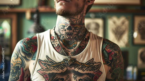 A man with tattoos on his neck, chest, and arms. He is wearing a white tank top and has a silver chain with a heart-shaped pendant around his neck. photo