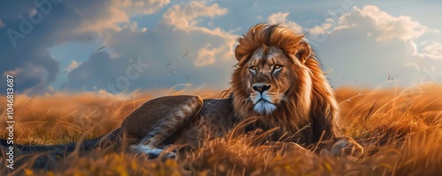 Majestic lion resting in the savannah, 4K hyperrealistic photo