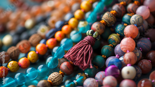 A beautiful close-up of a handmade mala necklace with colorful beads and a red tassel. The mala is draped over a blue surface.