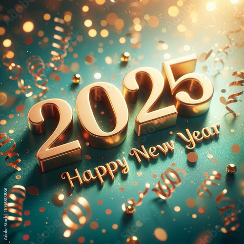 Happy new year 2025 in golden letters with confetti and bokeh lights.