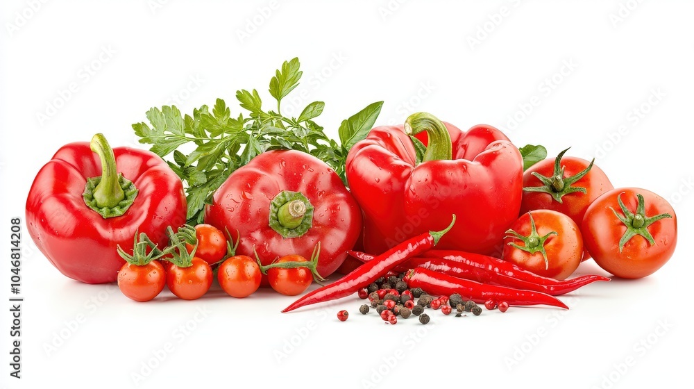A fresh, vibrant display of red bell peppers, tomatoes, and chili peppers, neatly arranged on a clean white background, emphasizing the intensity of their red color. A fresh, vibrant display of red bell peppers, tomatoes, and chili peppers, neatly arranged on a clean white background, emphasizing the intensity of their red color.