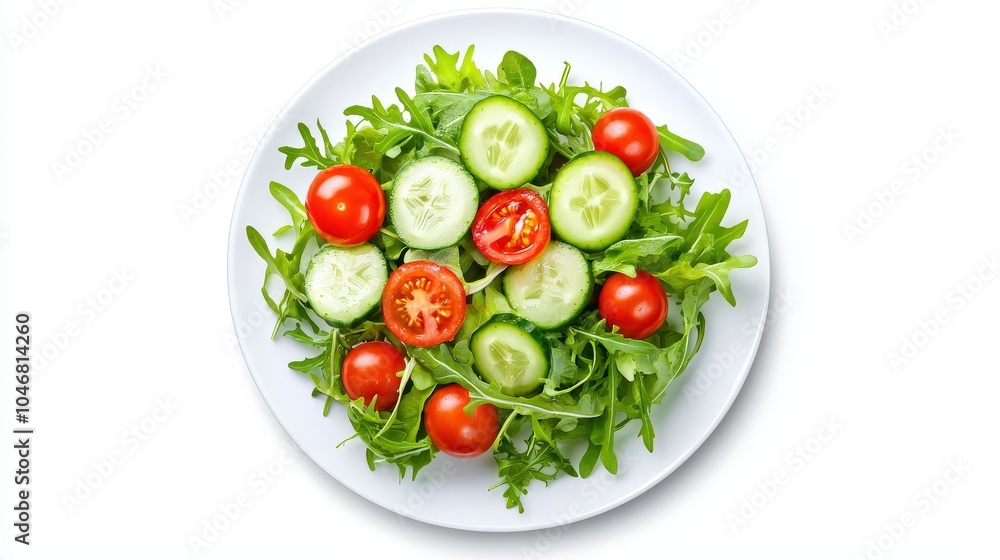 A fresh, vibrant salad with mixed greens, cherry tomatoes, and cucumbers, beautifully arranged on a white plate with a clean white background for a crisp presentation. A fresh, vibrant salad with mixed greens, cherry tomatoes, and cucumbers, beautifully arranged on a white plate with a clean white background for a crisp presentation.