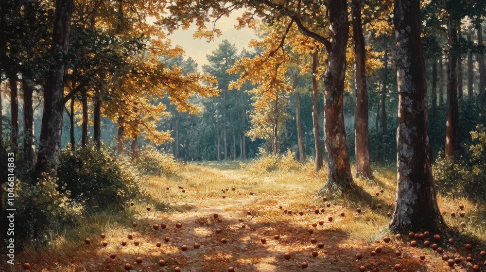 Obraz premium Forest glade with scattered acorns