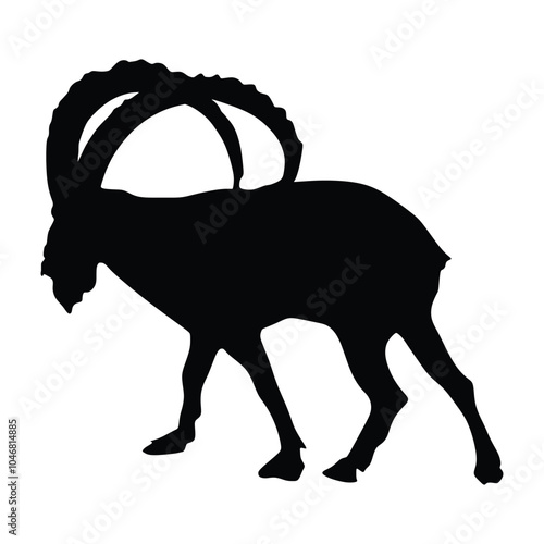 Silhouette of a chamois with big horns on a white background
