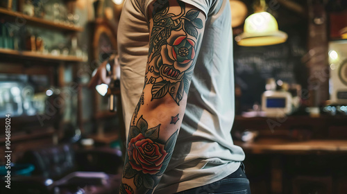 A man with a tattoo on his arm is standing in a bar. The tattoo is of a rose and some other flowers. The man is wearing a white shirt and black pants. photo