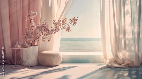 The image is a beautiful rendering of a modern living space with a large window looking out onto a peaceful seascape.