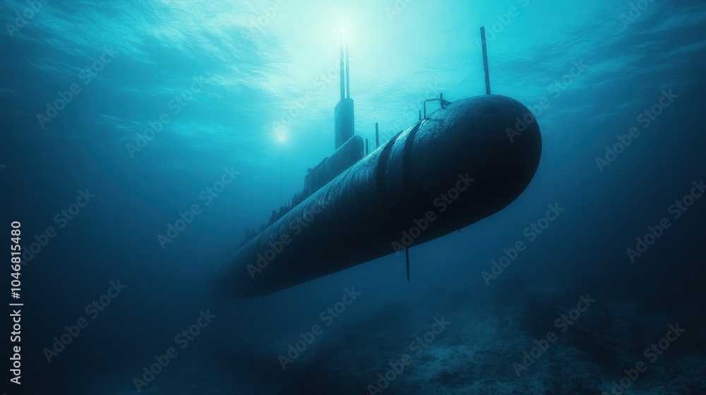 Fototapeta premium Submarine Navigating an Underwater Trench Scene