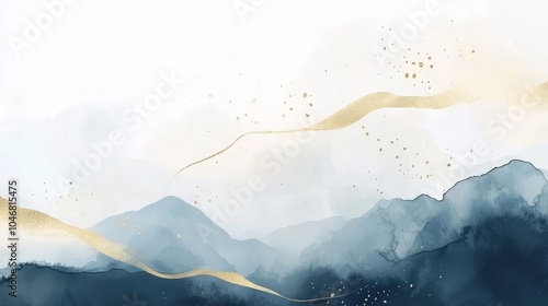 Elegant abstract vertical navy blue and gold mountains hand-painted in watercolor, perfect for winter mountain landscapes, Christmas greeting cards, and wedding invitations with ample copy space photo