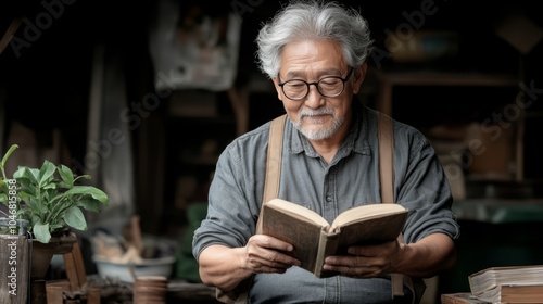 A happy older wearing a glasses, excitedly reading a book outdoors with bokeh lights in the background.