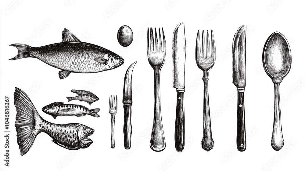 Detailed illustration of fish and dining utensils arranged artistically for culinary purposes Detailed illustration of fish and dining utensils arranged artistically for culinary purposes