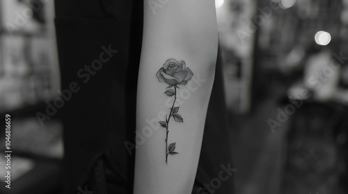 A black and white photo of a rose tattoo on a person's arm. The tattoo is a single, long-stemmed rose with leaves.