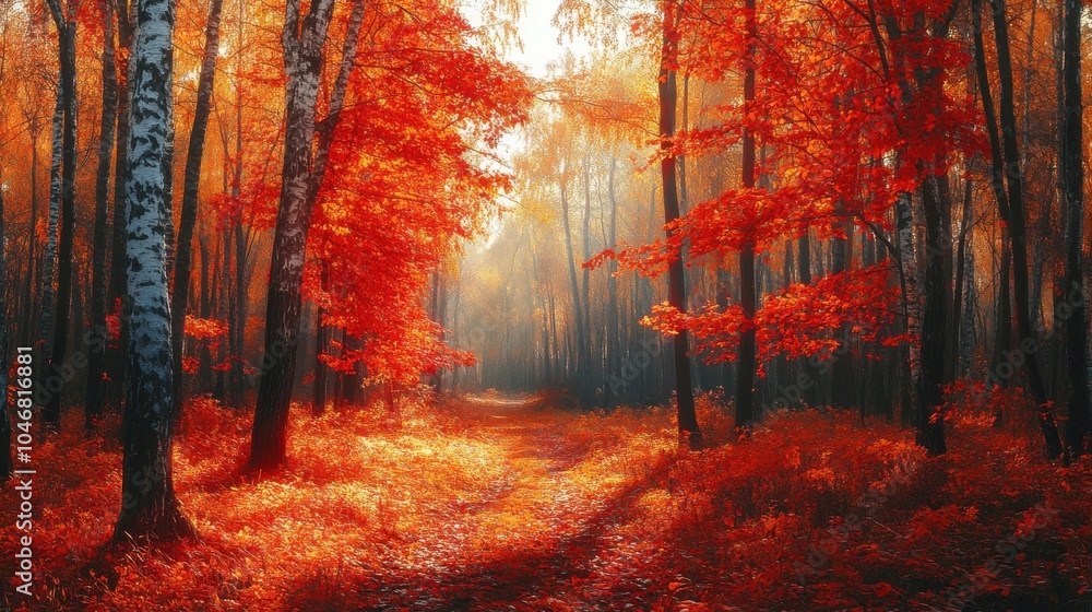 Fototapeta premium Forest glade with vibrant red and orange leaves
