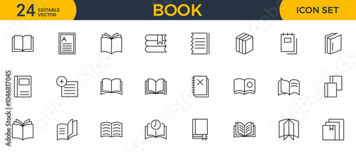 Book line icon collection. School, education, various books, literature, dictionary, audiobook, learning, library and e book icons set.