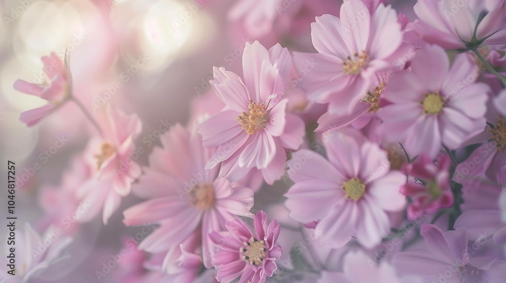 Soft focus image of delicate pink cosmos flowers in bloom with a blurred background in shades of pink. Soft focus image of delicate pink cosmos flowers in bloom with a blurred background in shades of pink.
