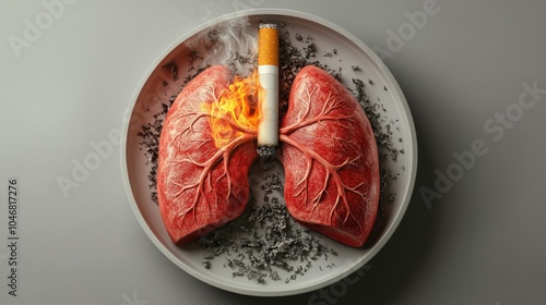 A striking visual of artistic representation of human lungs on a plate, with a lit cigarette highlighting the dangers of smoking. photo