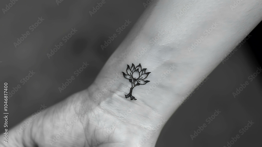 Obraz premium A black and white image of a small, delicate lotus flower tattoo on a woman's wrist.