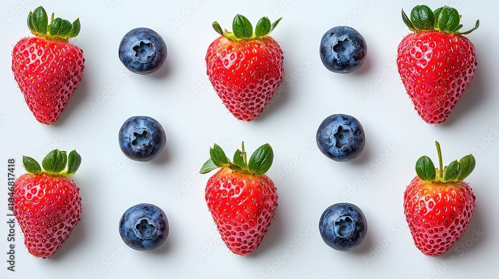 A minimalistic arrangement of whole strawberries and blueberries on a white background, focusing on their vibrant colors and promoting a healthy lifestyle. A minimalistic arrangement of whole strawberries and blueberries on a white background, focusing on their vibrant colors and promoting a healthy lifestyle.