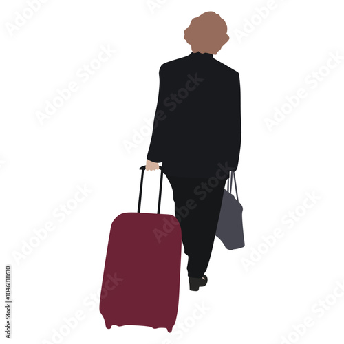 silhouette of an elderly woman dragging a suitcase across the field