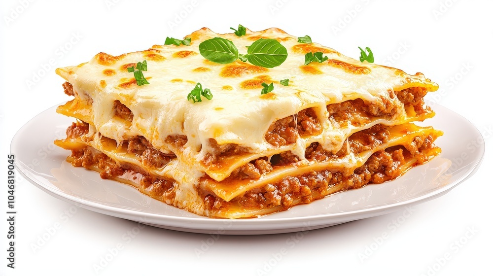 A plate of classic homemade lasagna with bubbling cheese and rich sauce, displayed in a warm and inviting style on a clean white background. A plate of classic homemade lasagna with bubbling cheese and rich sauce, displayed in a warm and inviting style on a clean white background.