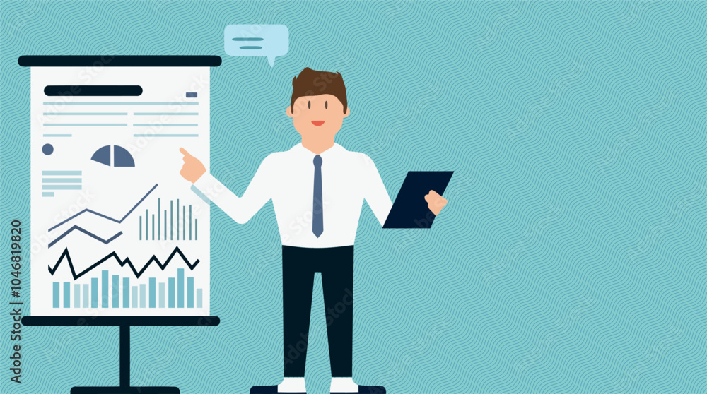 A Caucasian man standing while his hand pointing to the tablet to do his office presentation A Caucasian man standing while his hand pointing to the tablet to do his office presentation