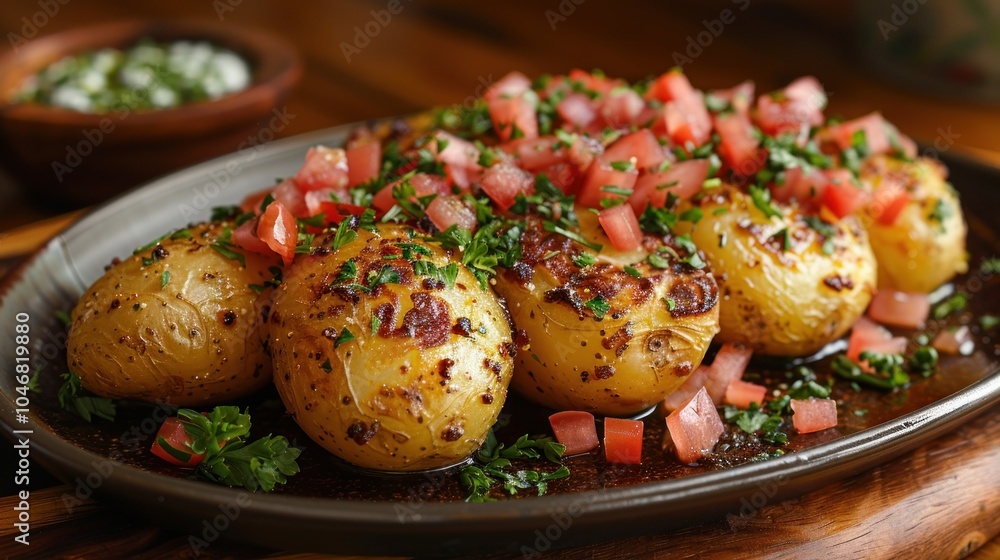 Deliciously roasted golden potatoes garnished with fresh tomatoes and herbs served on a rustic wooden table. Generative AI Deliciously roasted golden potatoes garnished with fresh tomatoes and herbs served on a rustic wooden table. Generative AI
