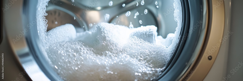 Bubbling water and soap surround white towels in a washing machine drum, highlighting the laundry process in action. Generative AI Bubbling water and soap surround white towels in a washing machine drum, highlighting the laundry process in action. Generative AI