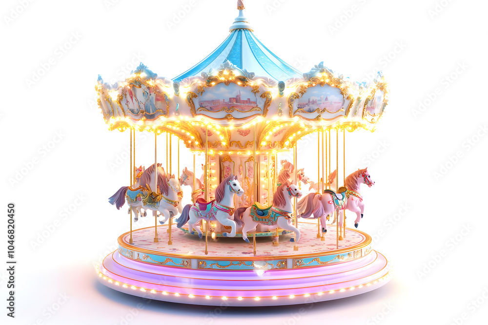 Fototapeta premium Whimsical Carnival Carousel Isolated on White Background. Colorful Carousel 3D Render 