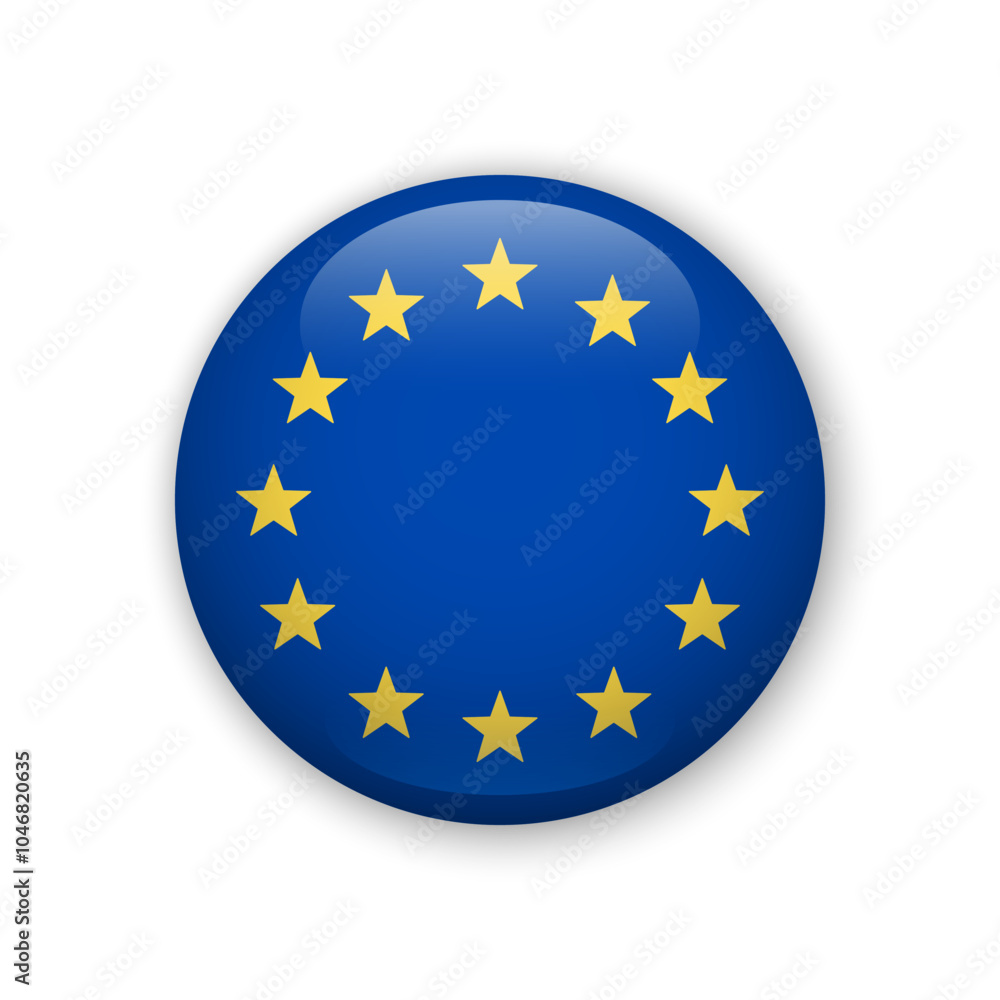 Realistic glossy button with flag of European Union. 3d vector element with shadow. Best for mobile apps, UI and web design. Realistic glossy button with flag of European Union. 3d vector element with shadow. Best for mobile apps, UI and web design.