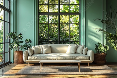 Mid century Modern interiors in residential living rooms with mint-colored walls and sofas. Generative AI
