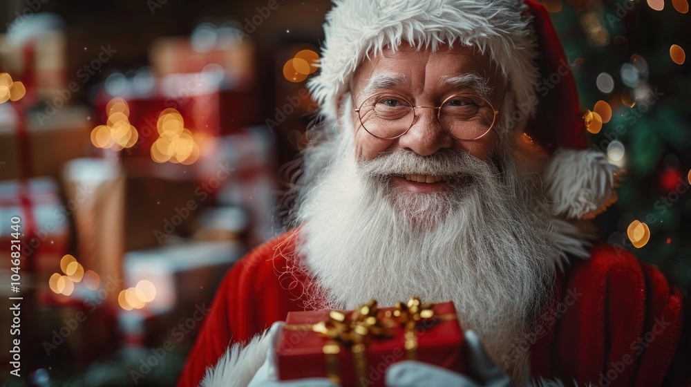 Joyful Santa Claus holding a beautifully wrapped gift amidst a festive holiday atmosphere with glowing lights. Generative AI Joyful Santa Claus holding a beautifully wrapped gift amidst a festive holiday atmosphere with glowing lights. Generative AI