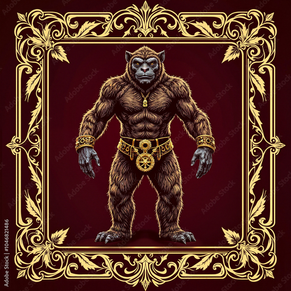 Fototapeta premium Muscular werewolf in decorative frame on maroon background
