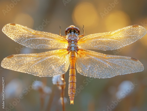 Golden sunlight illuminating a delicate dragonfly wing, showcasing intricate patterns and vibrant colors in a serene natural setting