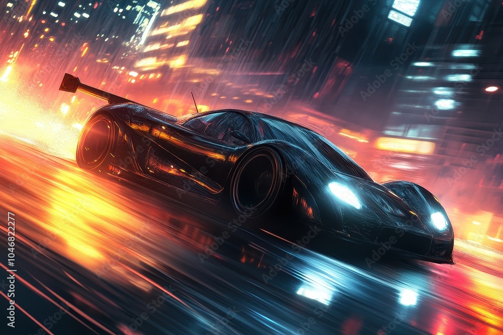 A black sports car speeds through a city street at night, with blurred lights and rain streaks creating a dynamic and futuristic scene. A black sports car speeds through a city street at night, with blurred lights and rain streaks creating a dynamic and futuristic scene.