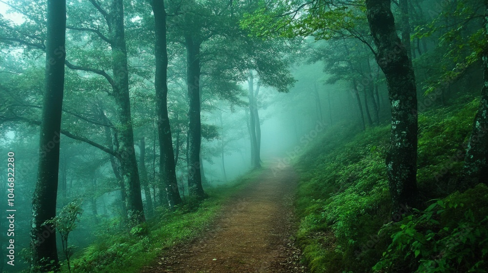 Obraz premium Forest path with a foggy morning mist