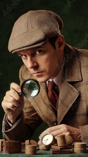Intriguing Detective in Vintage Attire Examining Objects with Magnifying Glass
