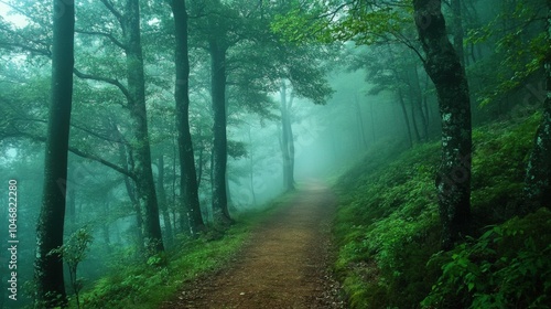 Forest path with a foggy morning mist