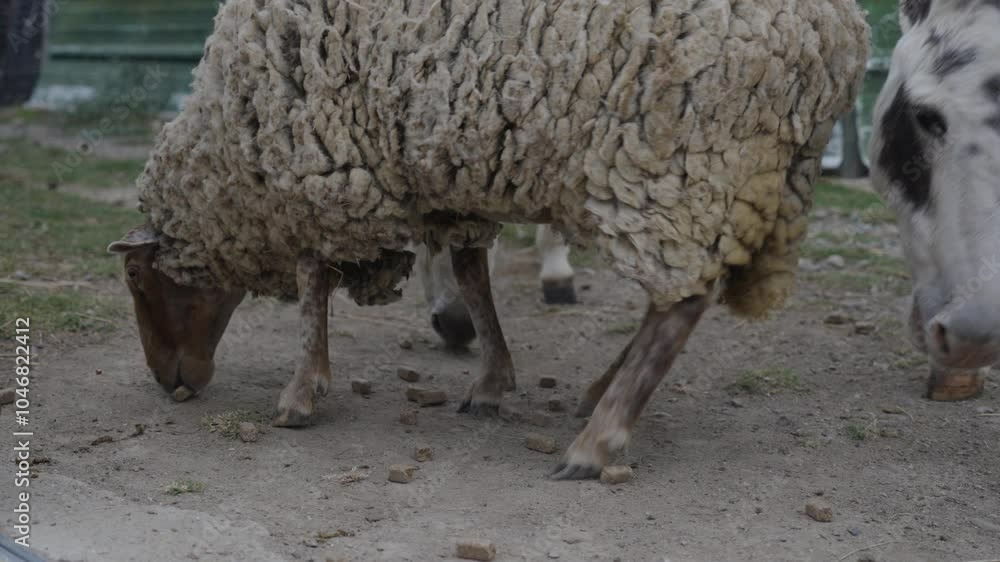sheep and donkey eating pellets on the ground in an outdoor farm setting sheep and donkey eating pellets on the ground in an outdoor farm setting