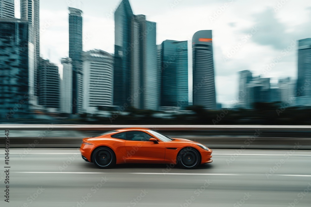 A red sports car drives past a blurry cityscape in the background. A red sports car drives past a blurry cityscape in the background.