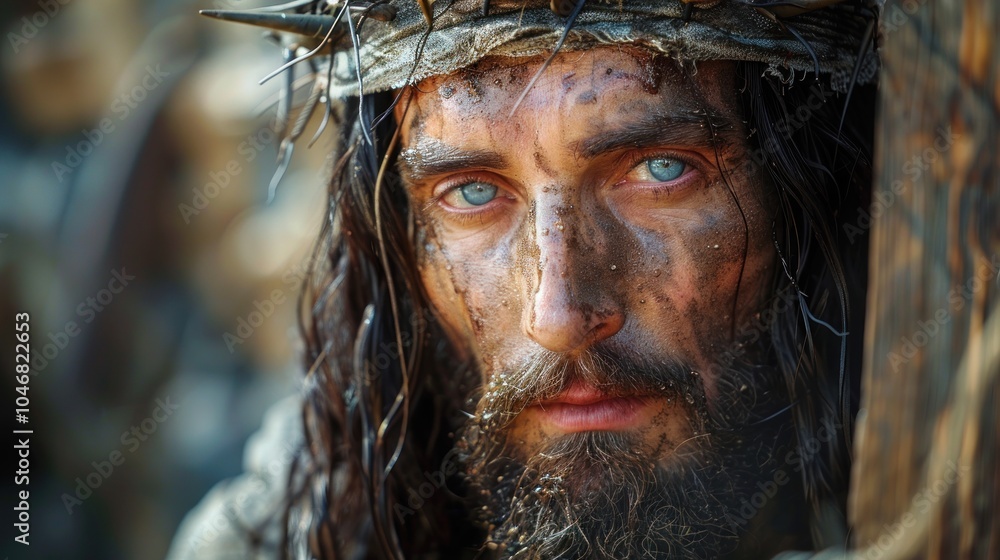 A striking portrayal of a weary figure with piercing blue eyes during a moment of intense suffering. Generative AI