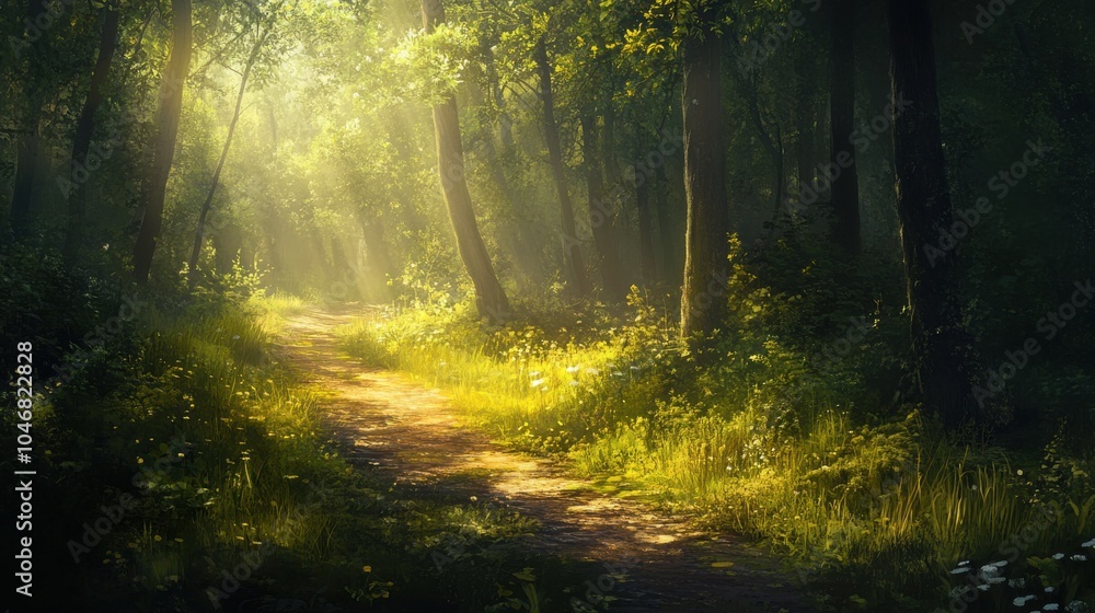 Fototapeta premium Forest path with dappled sunlight