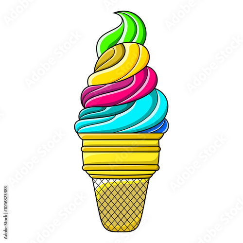 Delicious colorful ice cream in waffle cone isolated on white background