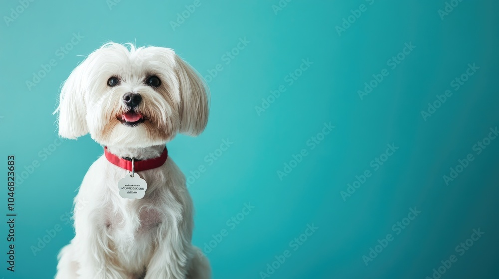 Small white fluffy dog with red collar sits against turquoise background Small white fluffy dog with red collar sits against turquoise background